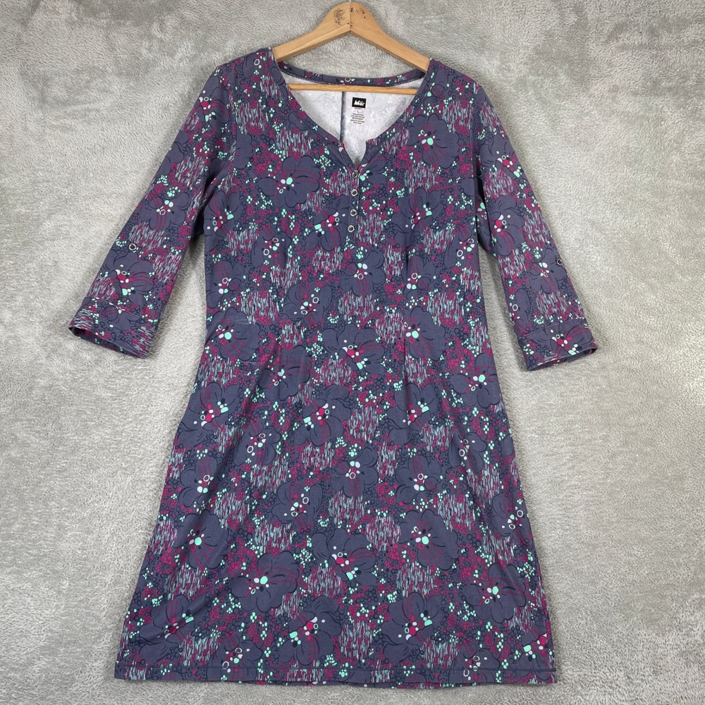 REI Henley Dress Womens Large Purple Floral 3/4 Sleeve Boho Granola
